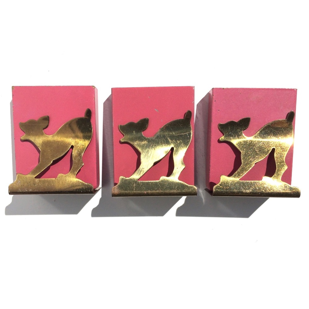 Deer Fawn or Dog  lot 3 vintage Novelty Match or Toothpick Holders pink brass